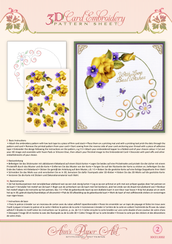 3D Card Embroidery Pattern Sheet 2 Yellow Roses