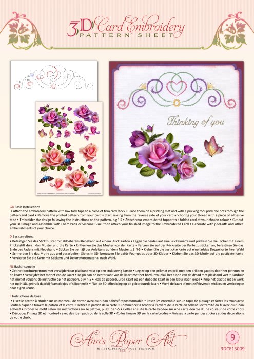 3D Card Embroidery Pattern Sheet 9 Rose Romantica